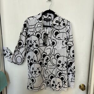 Reason Black and White Bear Pattern Button Down Shirt